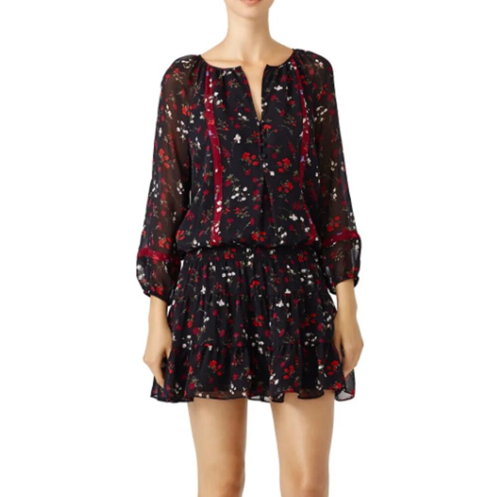 Joie 100% Silk Grover Mini Dress Floral V-Neck Long Sleeve Popover Peasant